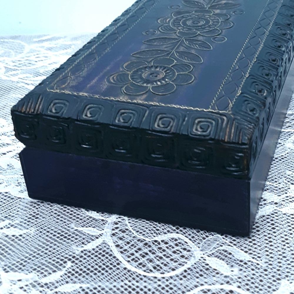 Purple Carved Polish Wooden Jewelry Flowers Floral Black Rectangle Trinket Hinge - Picture 9 of 11